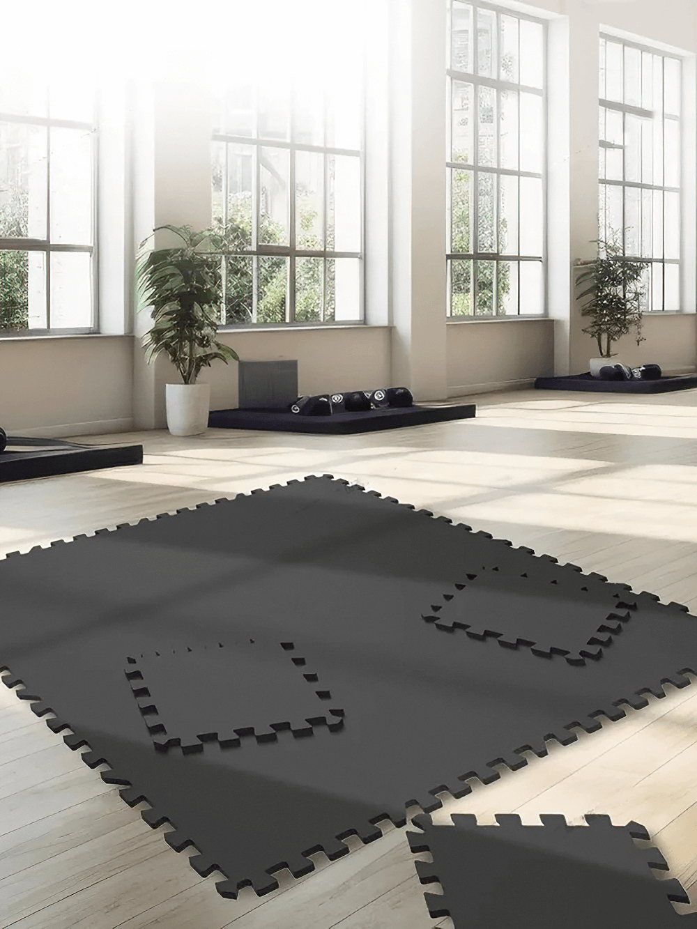 Waterproof Interlocking Mats for Home Gym and Play - SF3475 showcasing non-slip EVA foam tiles in a bright fitness studio.